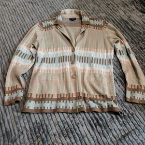Vtg Sz XL Pendleton Tan Aqua & Mint Abstract Print Linen & Cotton Sweater Jacket